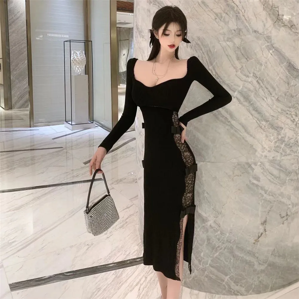 Лоскутное кружевное привлекательное стильное корейское черное облегающее платье с квадратным воротником и длинным рукавом, эстетичная од... 
Лоскутное кружевное привлекательное стильное корейское черное облегающее платье с квадратным воротником и длинным рукавом, эстетичная од...