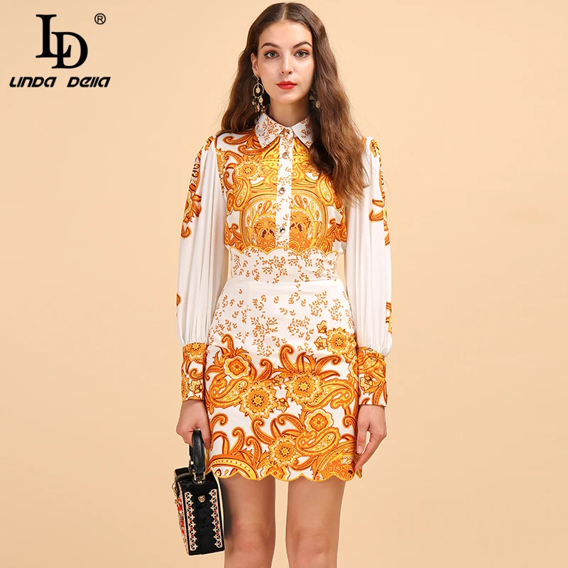 LD LINDA DELLA Runway Fashion Autumn Vintage Suit Women's Puff Sleeve Printed Shirt And High Waist Mini Skirt Two Pieces Set | Женская