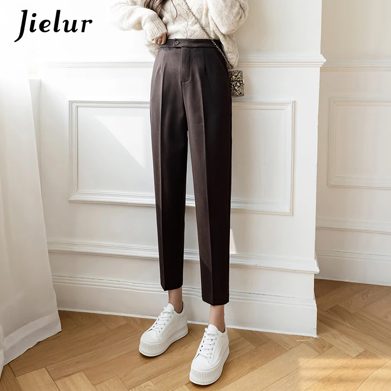 

Jielur Fashion Woolen Harem Pants for Women 2021 New Winter Coffee Suit Pants Female High-waisted Straight Loose OL Capri S-XL