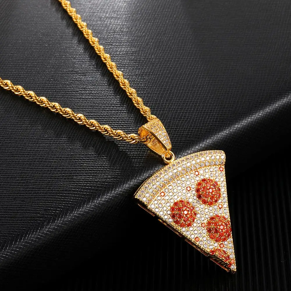

Men/Women Hip hop pizza Pendant Necklaces High quality AAA Zircon tennis chain Hiphop iced out bling necklace fashion jewelry