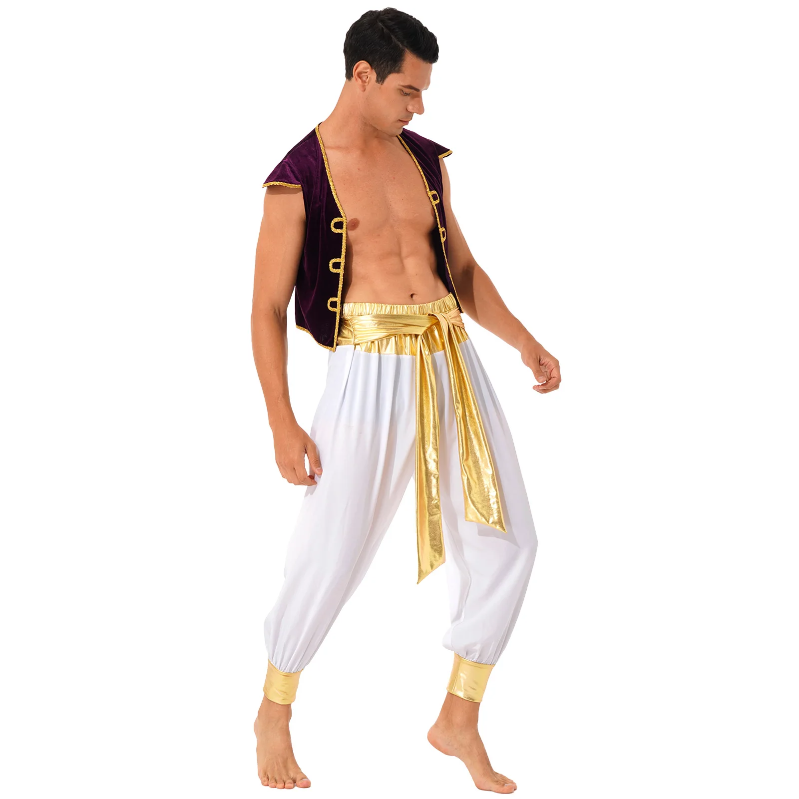 Mens Arabian Prince Role Play Costume Mythical Aladin Cosplay Outfits Cap Sleeve Vest Waistcoat with Belted Bloomers Pants
Mens Arabian Prince Role Play Costume Mythical Aladin Cosplay Outfits Cap Sleeve Vest Waistcoat with Belted Bloomers Pants