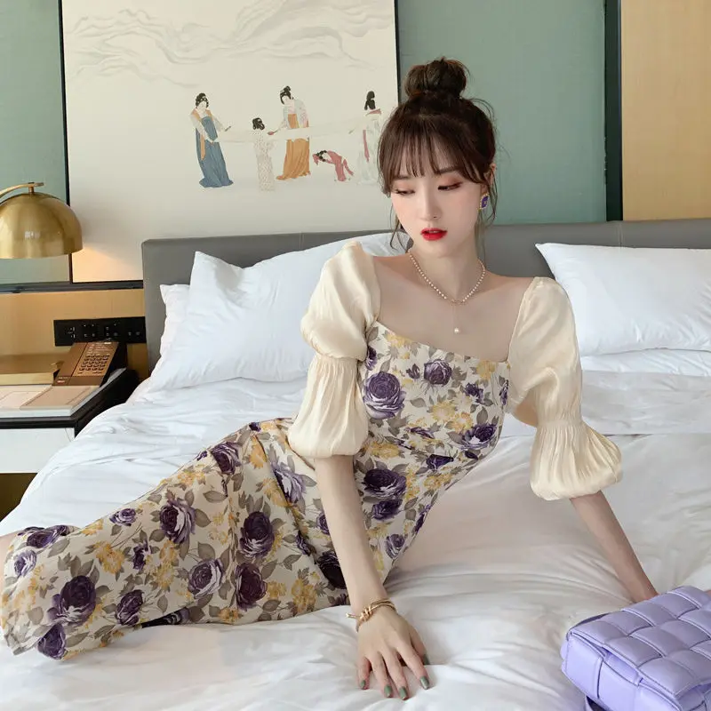 Women's 2021 new trendy temperament square collar age reduction skirt slim slim long floral sexy dress