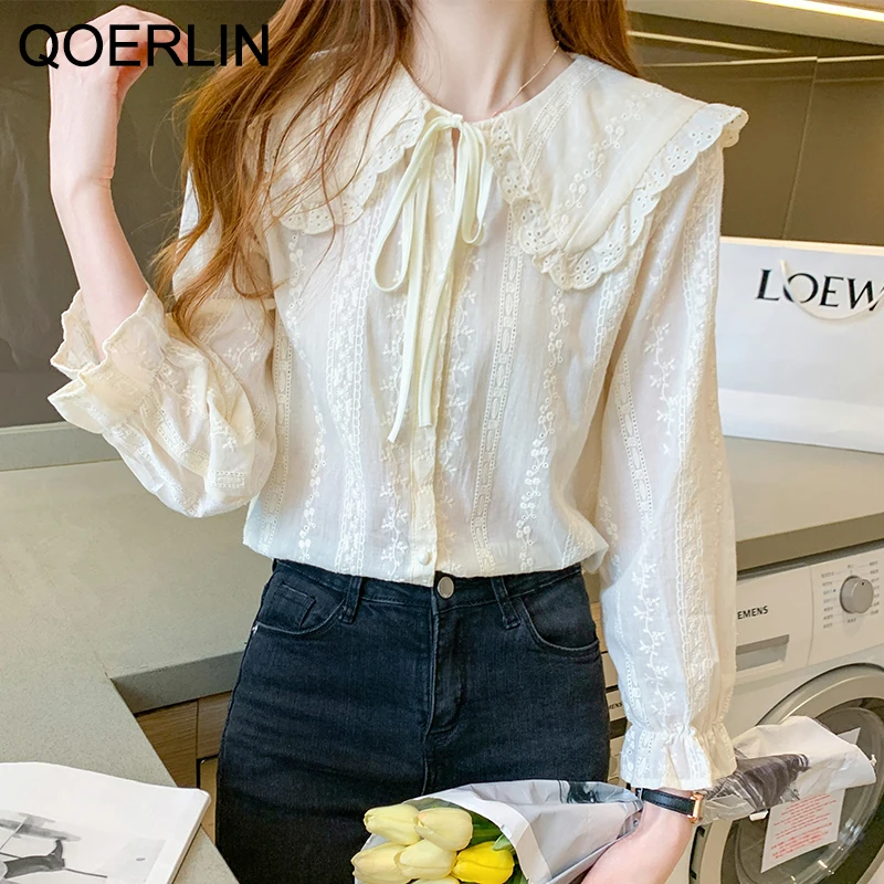 

QOERLIN Korean New Doll Collar Shirt Sweet Japanese Single-Breasted Lace Hollow Out Crocheted Blouse Women Apricot White Tops