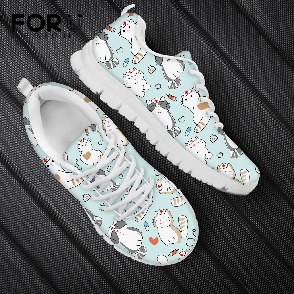 

FORUDESIGNS Cute Cartoon Nurse Cat Print Sneakers Teen Girls Casual Christmas Flats Shoes Female Comfort Mesh Air Shoes Footwear