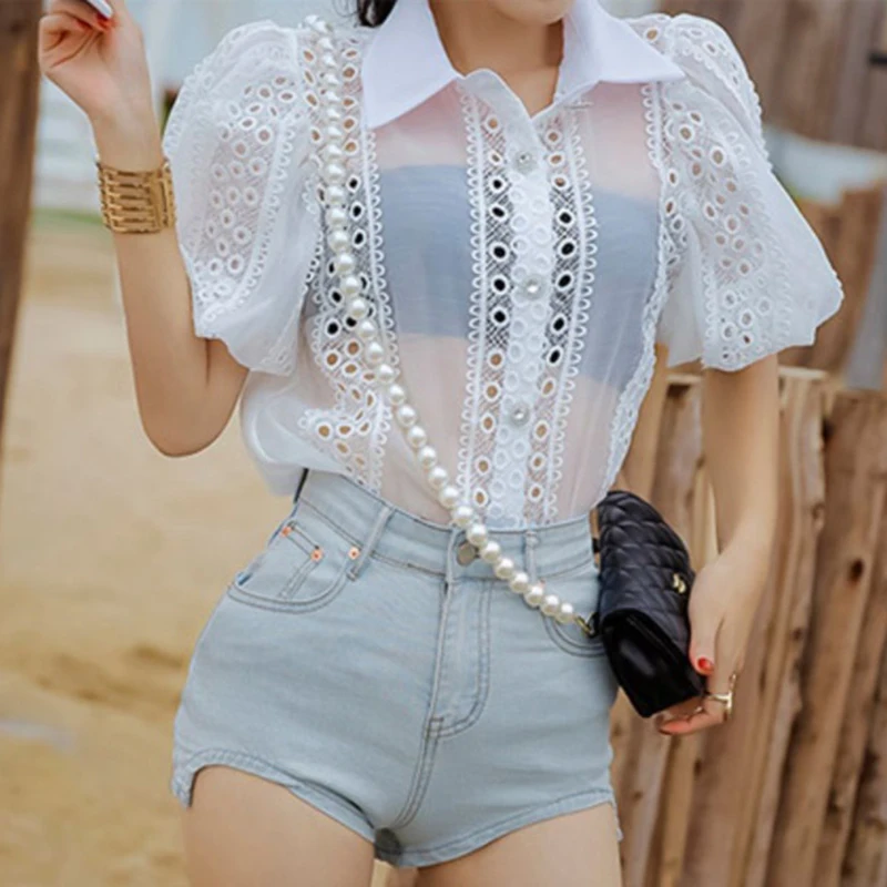 GALCAUR White Shirt For Women Lapel Collar Puff Short Sleeve Minimalist Hollow Out Solid Blouses Females Fashion Clothing 2021
GALCAUR White Shirt For Women Lapel Collar Puff Short Sleeve Minimalist Hollow Out Solid Blouses Females Fashion Clothing 2021