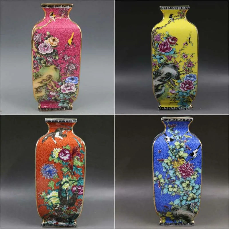 

1 Pcs Chinese Colour Enamel Porcelain Gilt Edge Flower Bird Design Vase 9.92" Antique Porcelain Peony & Magpie Square Vases