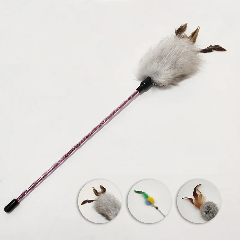 Кошка игрушка с перьями на кроличьем меху хвост кошачья интерактивная мини палка