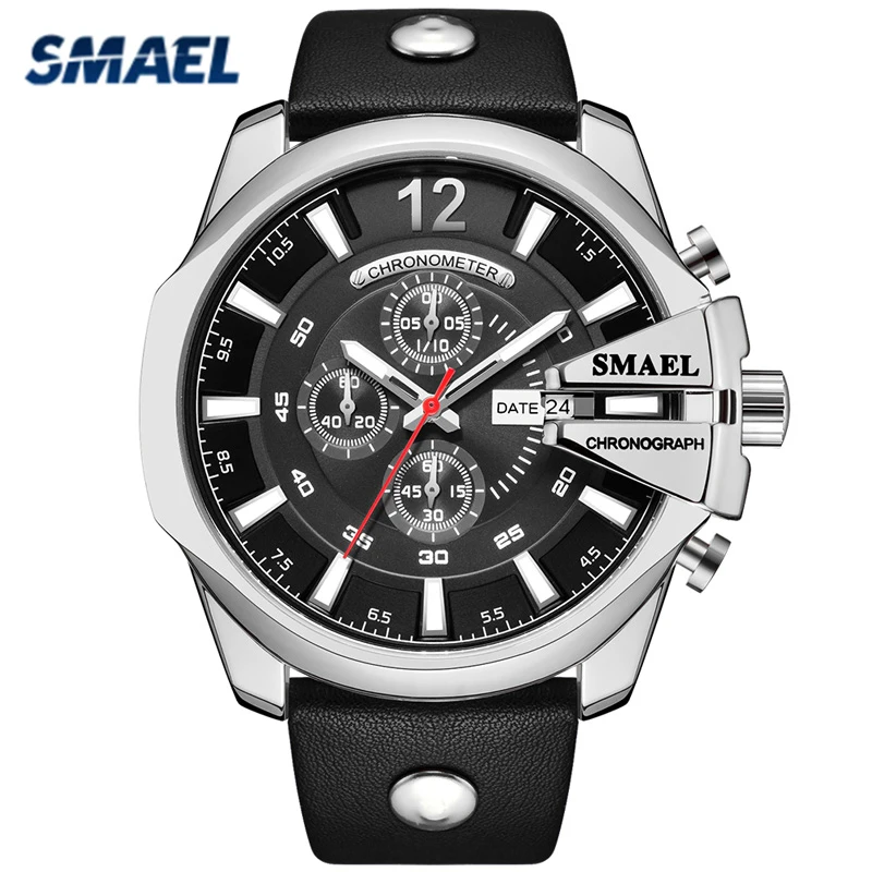 

SMAEL Men Watch Luxury Brand Sport Watches chronometer black leather Mens Quartz Wristwatch Date Male Clock zegarki meskie