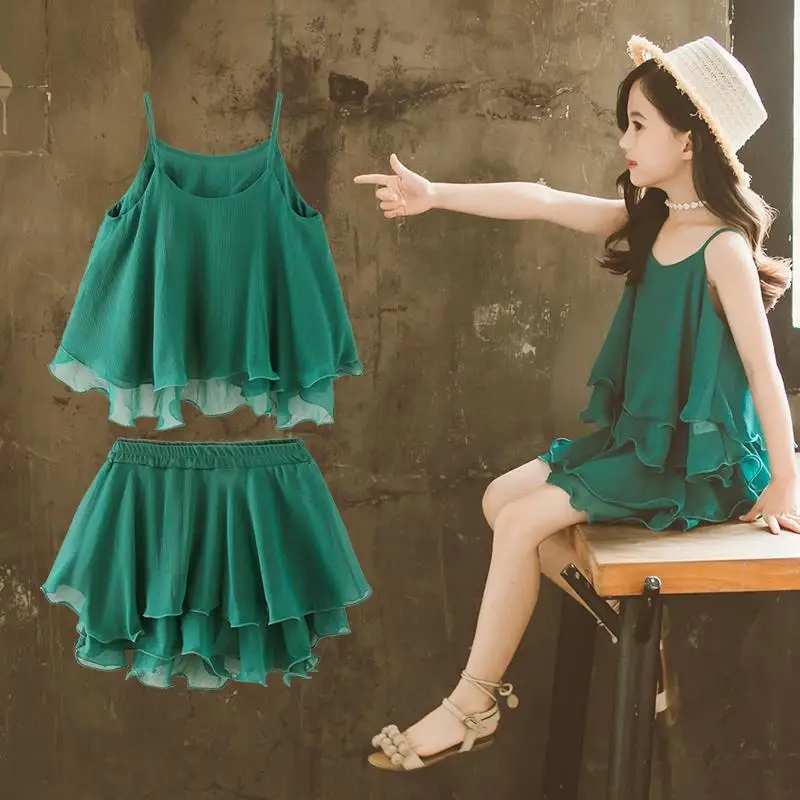 Girls Summer Clothes Chiffon Outfits Baby Kids Girls Strap Tops + Shorts 2Pcs Clothing Set 3- 12 Year Children Clothes Suits
Girls Summer Clothes Chiffon Outfits Baby Kids Girls Strap Tops + Shorts 2Pcs Clothing Set 3- 12 Year Children Clothes Suits