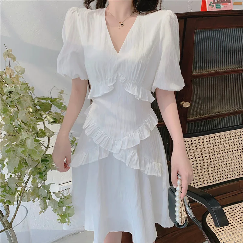 Vintage White Sexy V Neck Puff Sleeve Party Dress Women Ruffle Chiffon Women Dress Summer Women Clothes Vestidos De Mujer
Vintage White Sexy V Neck Puff Sleeve Party Dress Women Ruffle Chiffon Women Dress Summer Women Clothes Vestidos De Mujer
