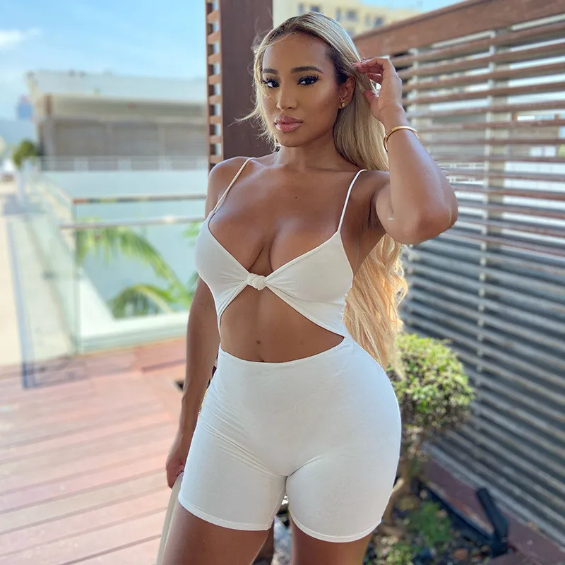 

CHRONSTYLE Jumpsuits Deep V-neck Hollow Out Clubwear 2021 Sexy Women Sleeveless Strap High Waist Bodycon Biker Shorts Playsuits