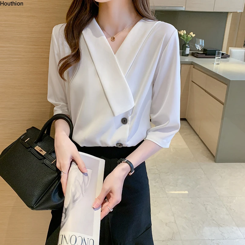 Houthion Chiffon Slim Women's Blouses New Casual Blouse Buttons Solid Color V-neck Shirt Summer Fashion Top Lady Shirts
Houthion Chiffon Slim Women's Blouses New Casual Blouse Buttons Solid Color V-neck Shirt Summer Fashion Top Lady Shirts