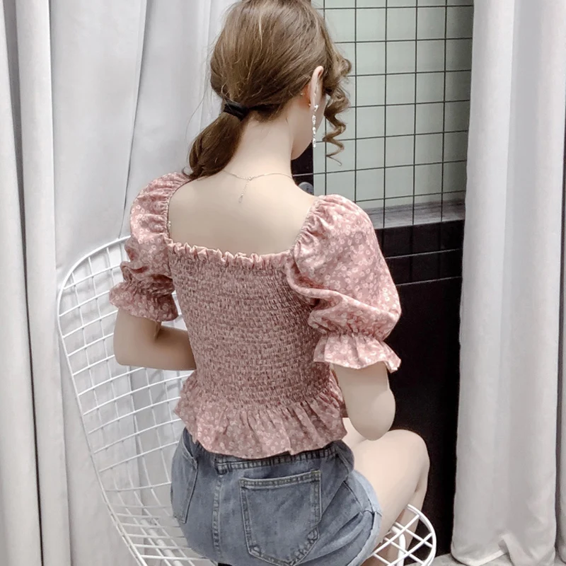 Vintage Floral Ruffle Blouses femme Puff Sleeve Square Collar Crop Top Summer Clothes 2021 Korean Fashion Backless Short Shirts 
Vintage Floral Ruffle Blouses femme Puff Sleeve Square Collar Crop Top Summer Clothes 2021 Korean Fashion Backless Short Shirts