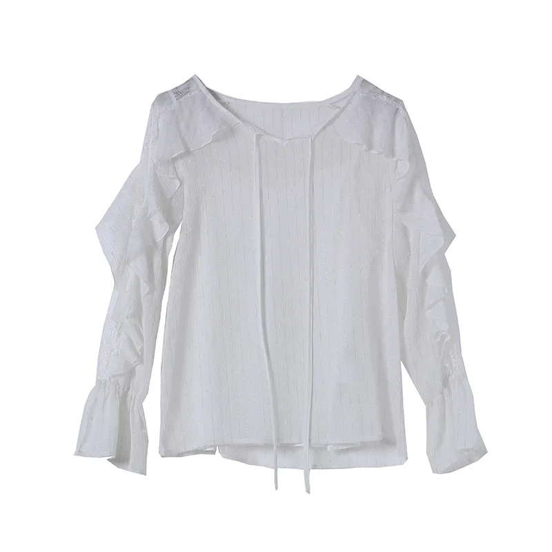 2021 spring fashion feminine lace up long sleeve mesh stitching Ruffle chiffon shirt Fairy
2021 spring fashion feminine lace up long sleeve mesh stitching Ruffle chiffon shirt Fairy