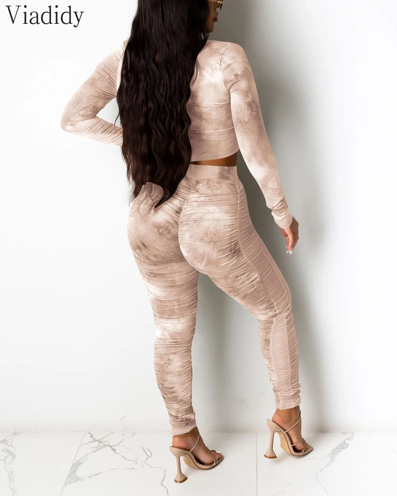 Women Autumn Tie-Dye Print 2pcs Suit Long Sleeve Zipper Design Top and High Waist Ruched Mesh Spliced Sheer Pencil Pants Set
Women Autumn Tie-Dye Print 2pcs Suit Long Sleeve Zipper Design Top and High Waist Ruched Mesh Spliced Sheer Pencil Pants Set