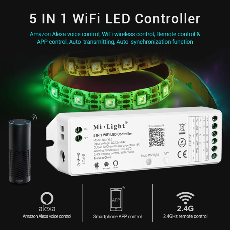 YL5 5 IN 1 WiFi LED Smart Controller DC12-24V for Single Color RGB+CCT/RGBW Strip Can Voice/Phone App/ Remote Control
YL5 5 IN 1 WiFi LED Smart Controller DC12-24V for Single Color RGB+CCT/RGBW Strip Can Voice/Phone App/ Remote Control