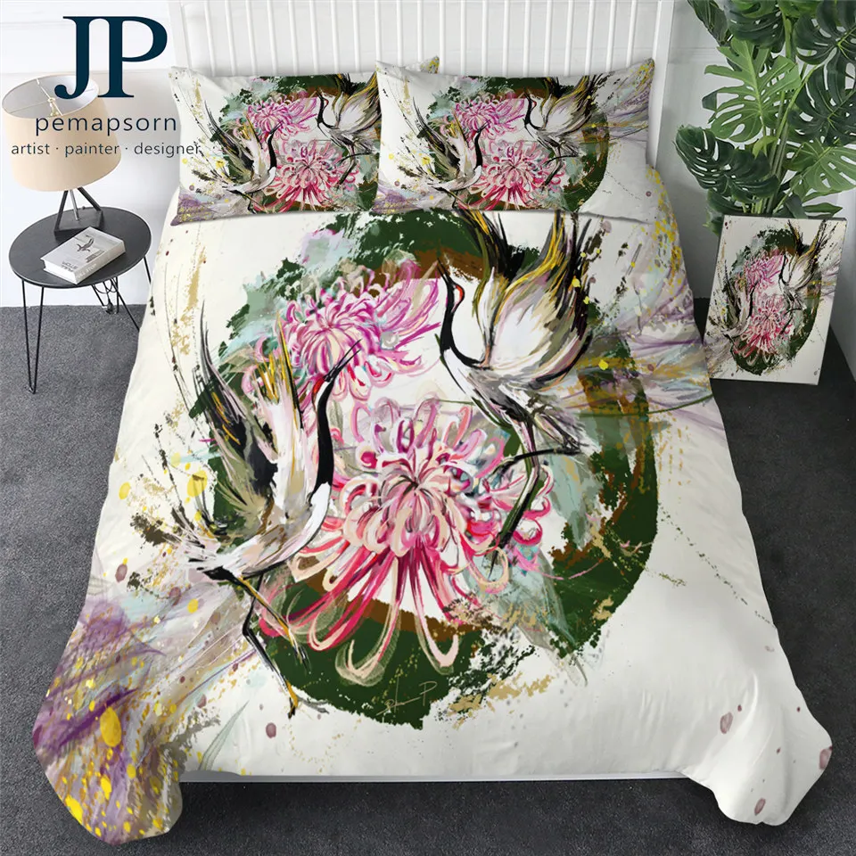 

Bird by Jp.pemapsorn Bedding Set Crane Chinese Style Duvet Cover Watercolor Art Bedclothes Chrysanthemum Flower Bed Set Dropship
