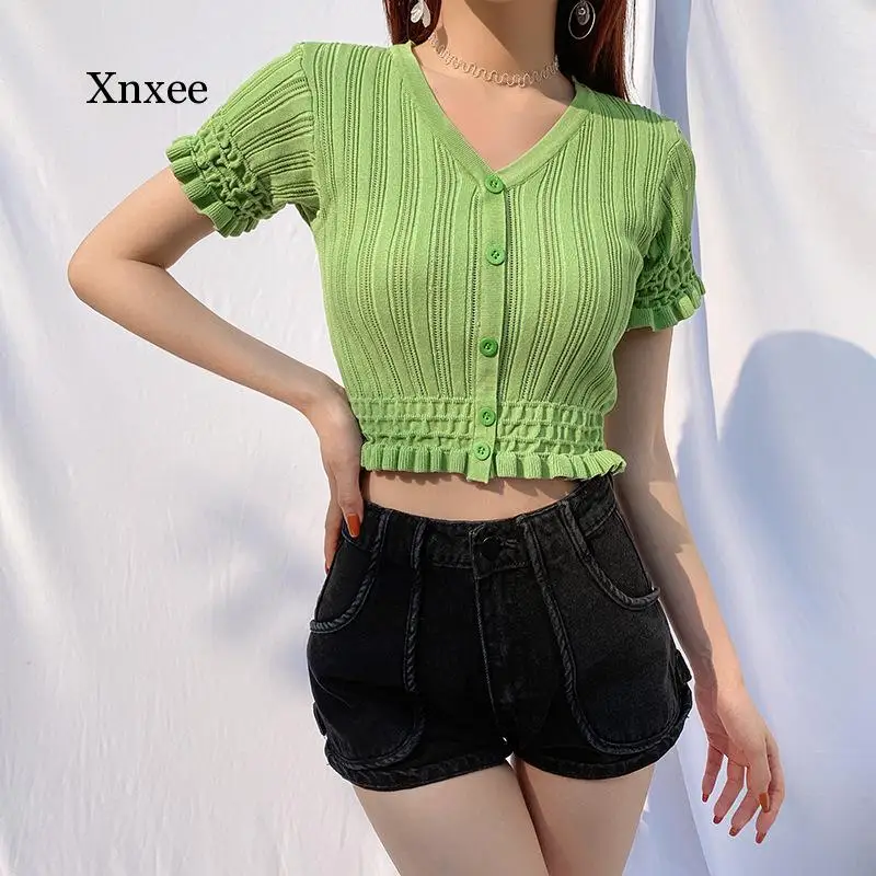 Women Ruffle Crop Tops Summer Slim Knitted T-Shirts Cardigans Streetwear Tshirt Casual Solid Tees Simplicity t Shirt Clothing
Women Ruffle Crop Tops Summer Slim Knitted T-Shirts Cardigans Streetwear Tshirt Casual Solid Tees Simplicity t Shirt Clothing