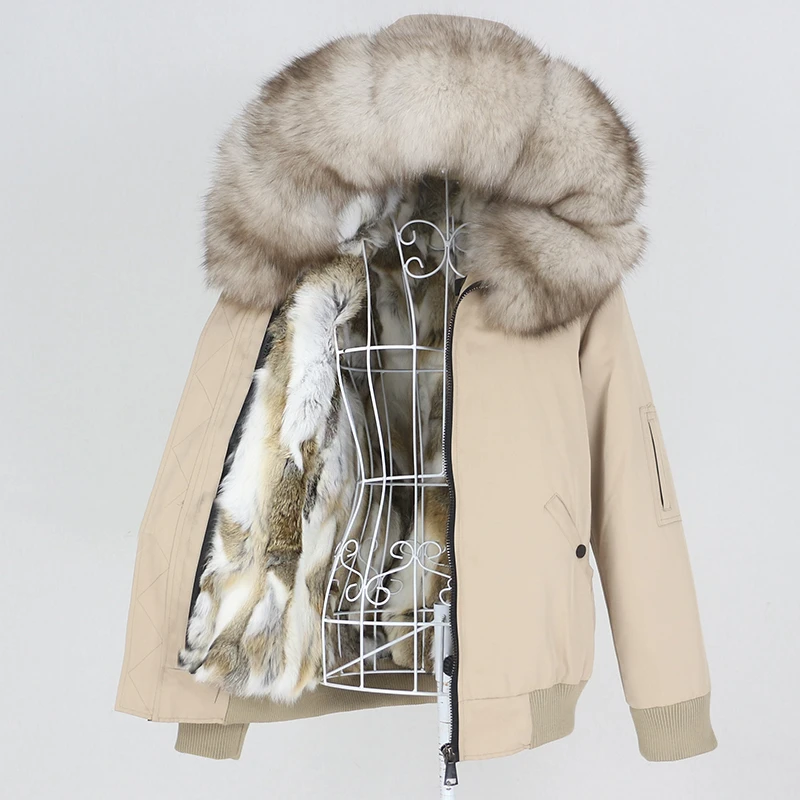 

MENINA BONITA Waterproof Bomber Parka Real Rabbit Fur Coat Natural Fox Raccoon Fur Collar Hood Winter Jacket Women Removable