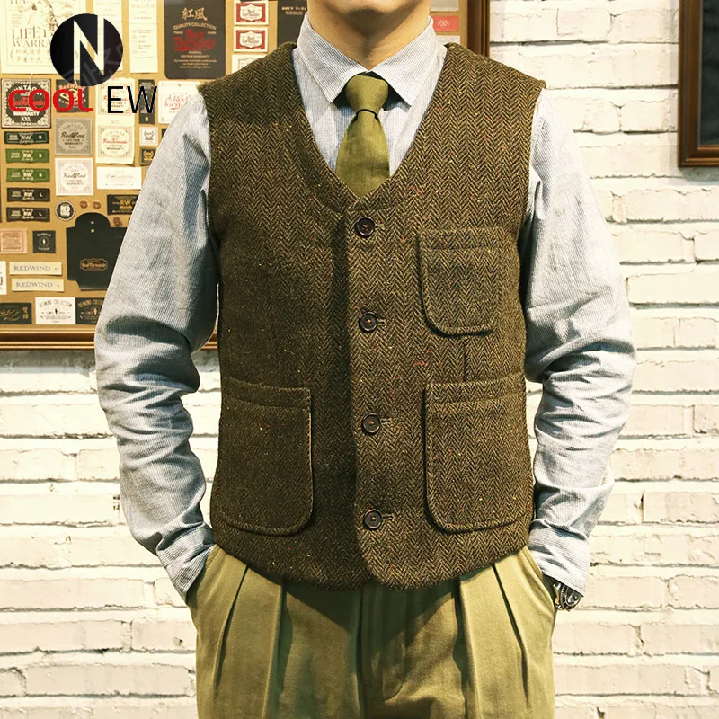 

MJ-0005 Read Description! Asian Size Vintage 100% Wool 560GSM Mens Casual Warm Tweed Vest