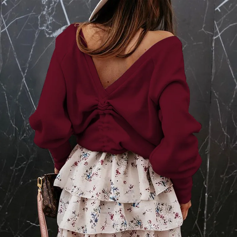Casual V Neck Back Drawstring Long Sleeve Tshirt Women Fashion 2021 Autumn Winter Sexy Solid Color Pullover Tees Female Clothes
Casual V Neck Back Drawstring Long Sleeve Tshirt Women Fashion 2021 Autumn Winter Sexy Solid Color Pullover Tees Female Clothes