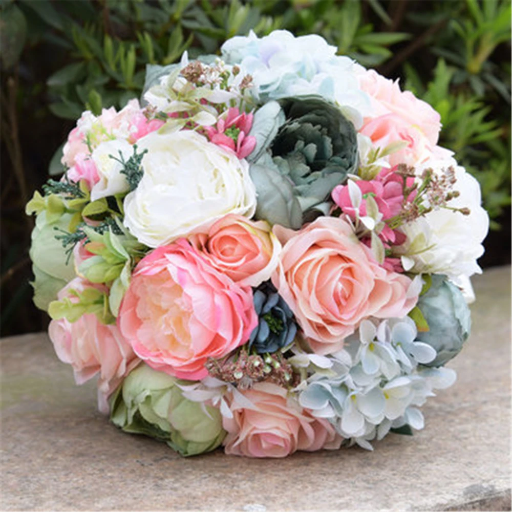 

Свадебный букет, розовые свадебные цветы, искусственные шелковые розы, букеты для невесты, букет для невесты на открытом воздухе, цветы для ...