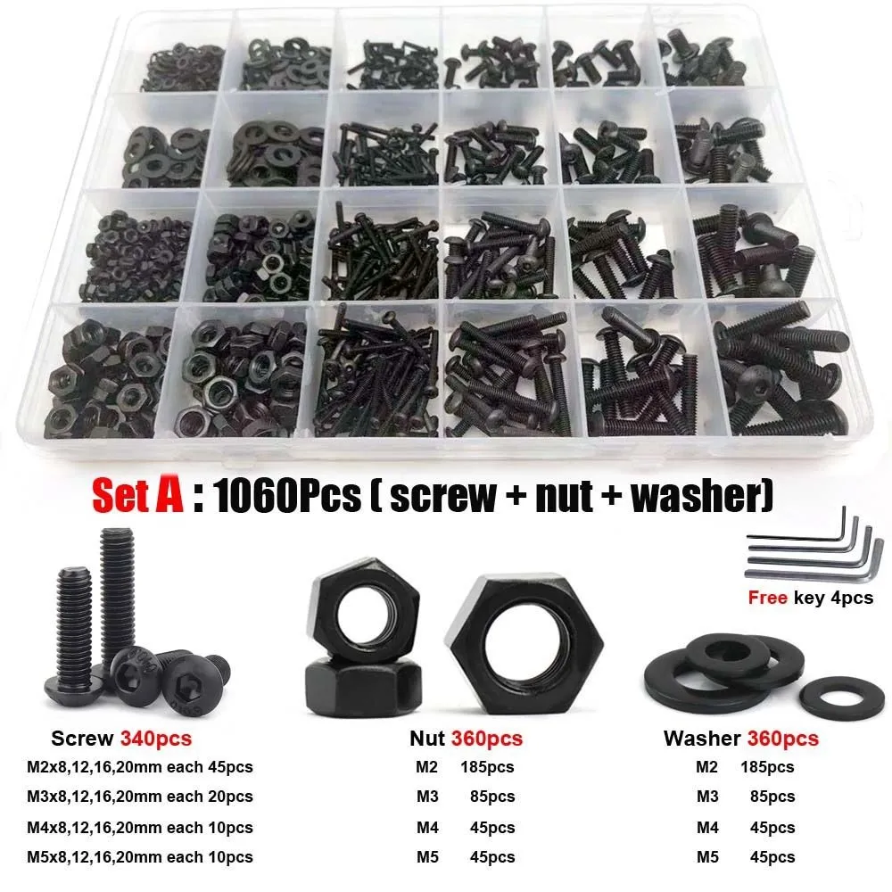 400/625/1060pcs M2 M2.5 M3 M4 M5 Black 10.9 Grade Steel Allen Hexagon Socket Pan Head Screw Bolt Nut Washer Set Assortment Kit
400/625/1060pcs M2 M2.5 M3 M4 M5 Black 10.9 Grade Steel Allen Hexagon Socket Pan Head Screw Bolt Nut Washer Set Assortment Kit