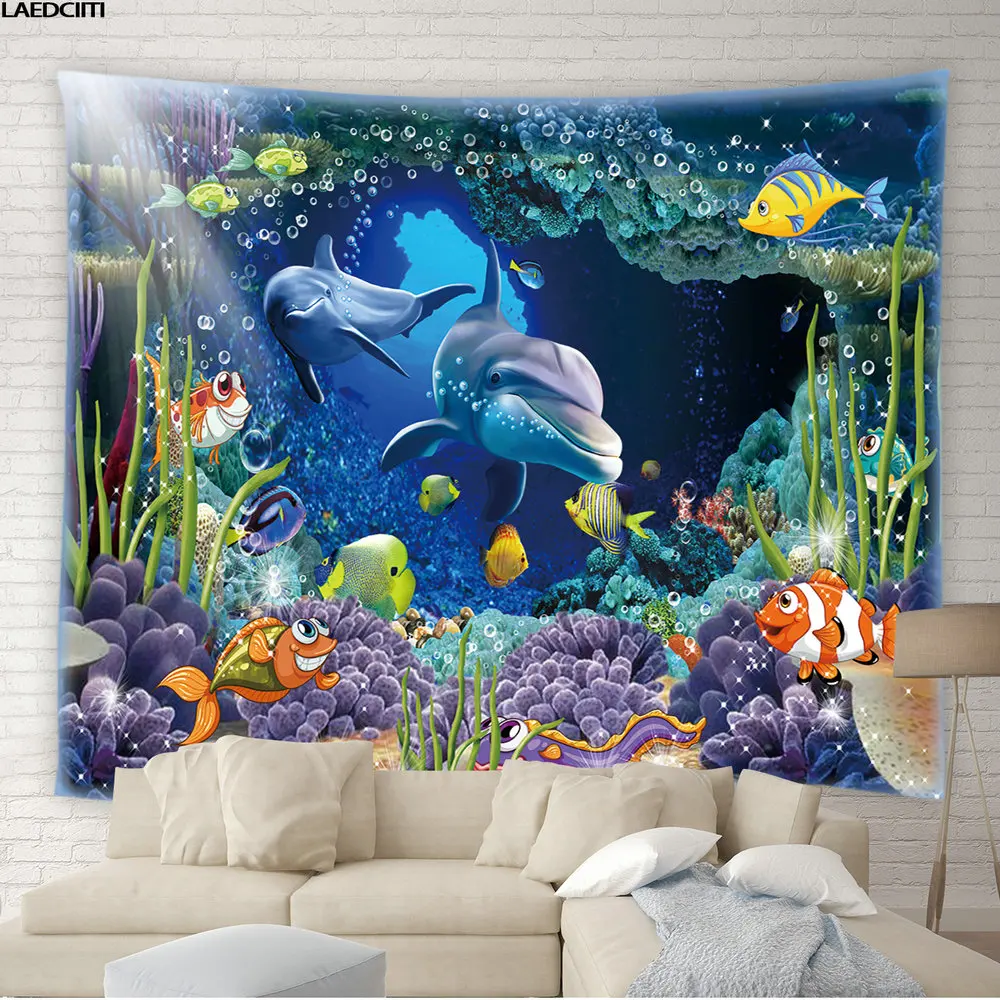 

Dolphin Marine Animal Tapestry Tropical Fish Blue Ocean World Background Wall Hanging Cloth Living Room Child Bedroom Home Decor