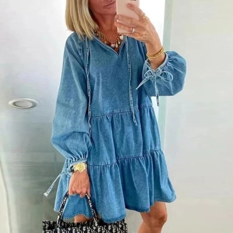 Autumn Long Sleeve Denim Dress 2020 Fashion Loose V-Neck Ruffle Short Mini Dresses Casual Lace Up Shirt Dress Vestidos De Mujer
Autumn Long Sleeve Denim Dress 2020 Fashion Loose V-Neck Ruffle Short Mini Dresses Casual Lace Up Shirt Dress Vestidos De Mujer