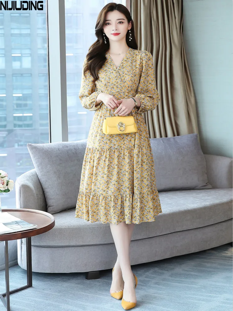 NIJIUDING 2020 Fall Long Sleeve High Waist Ruffle Dress Chiffon Cover Belly Slimming Dress High Waist Fashion All-match Dress