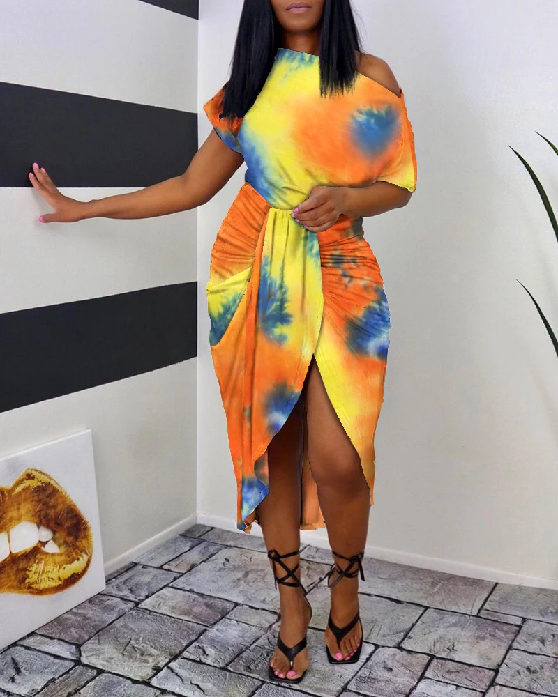 

Summer Women's Dress 2021 Sexy Tie Dye Print One Shoulder Wrap Dress Ruched Dip Hem Casual Vintage Bodycon Party Dresses