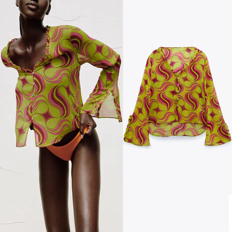Summer Women Blouses 2021 Chic Ruffled V-neck Geometric Printed Tops Long Sleeve Vent Cuff Button Asymmetric Hem Femal Blouse
Summer Women Blouses 2021 Chic Ruffled V-neck Geometric Printed Tops Long Sleeve Vent Cuff Button Asymmetric Hem Femal Blouse