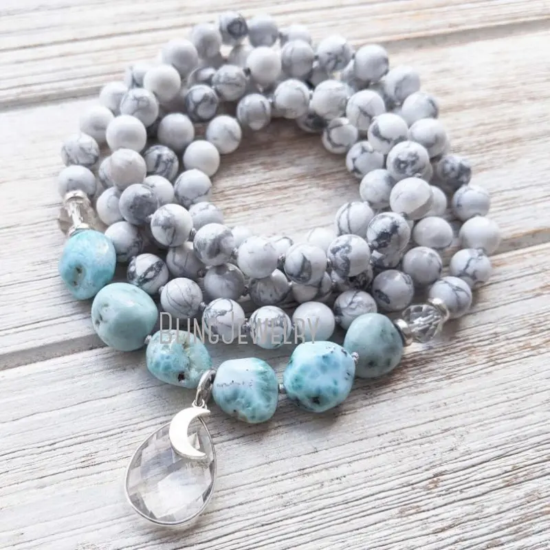 MN32700 Howlite Mala Necklace 108 Stone Larimar Stone Mala Necklace Clear Quartz Moon Crescent Charm Mala
MN32700 Howlite Mala Necklace 108 Stone Larimar Stone Mala Necklace Clear Quartz Moon Crescent Charm Mala