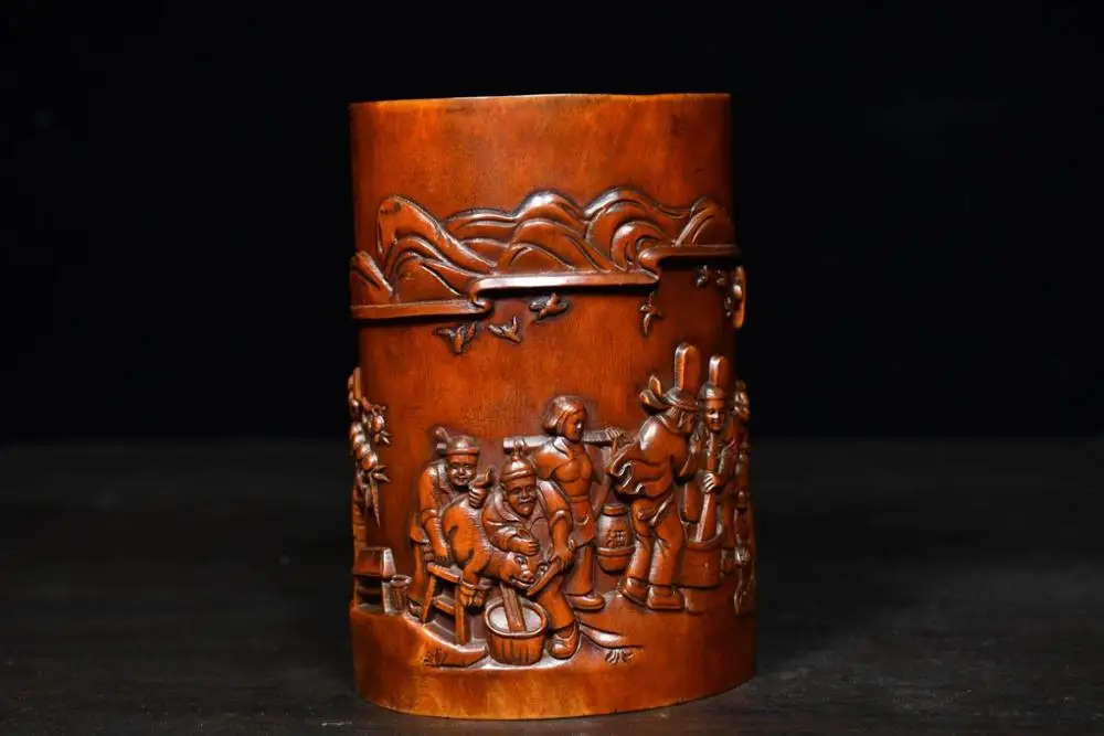 5" China Collection Old Boxwood Hakka pen holder statue Hakka Cradle Busy pattern of men, women and children Pen holder
5" China Collection Old Boxwood Hakka pen holder statue Hakka Cradle Busy pattern of men, women and children Pen holder