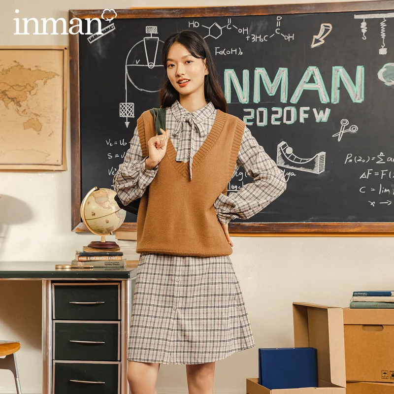 INMAN Winter Dress Suit Two-piece Bow-knot Pplaid Dress with Women's Sweater Vest Suit 
INMAN Winter Dress Suit Two-piece Bow-knot Pplaid Dress with Women's Sweater Vest Suit
