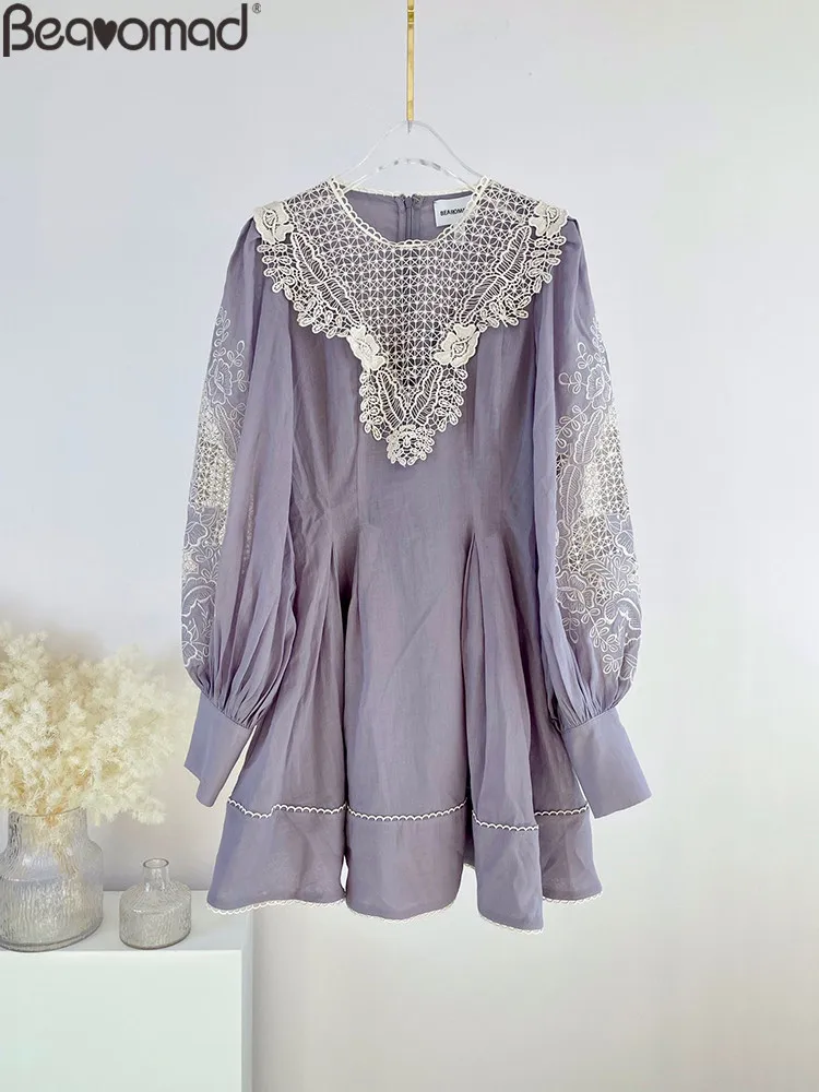 Bearomad Fashion Woman Summer Light Purple Elegant Knee-Length Dress O-Neck Hollow Out Embroidery Casual Vacation A-Line Dresses 
Bearomad Fashion Woman Summer Light Purple Elegant Knee-Length Dress O-Neck Hollow Out Embroidery Casual Vacation A-Line Dresses