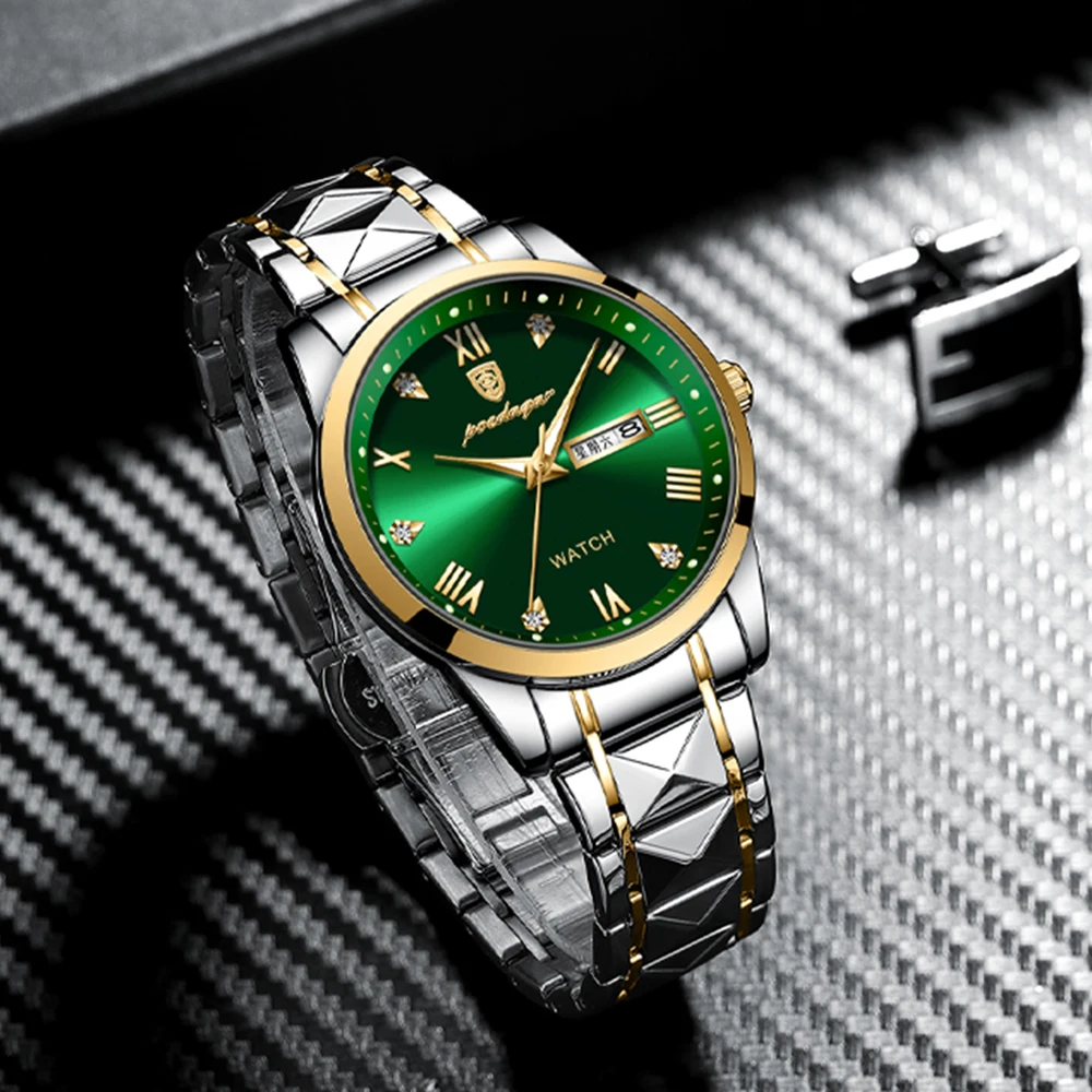 Poedagar Top Brand Luxury Fashion Green Dial Watch Men Waterproof Luminous Week Date Clock Sport Watches Mens Quartz Wristwatch | Наручные