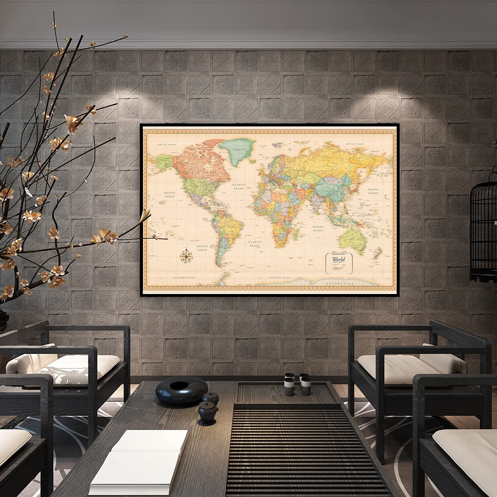 

70*50cm Political Map of The World with Details Vintage Wall Art Poster Canvas Painting School Supplies Bedroom Home Decor