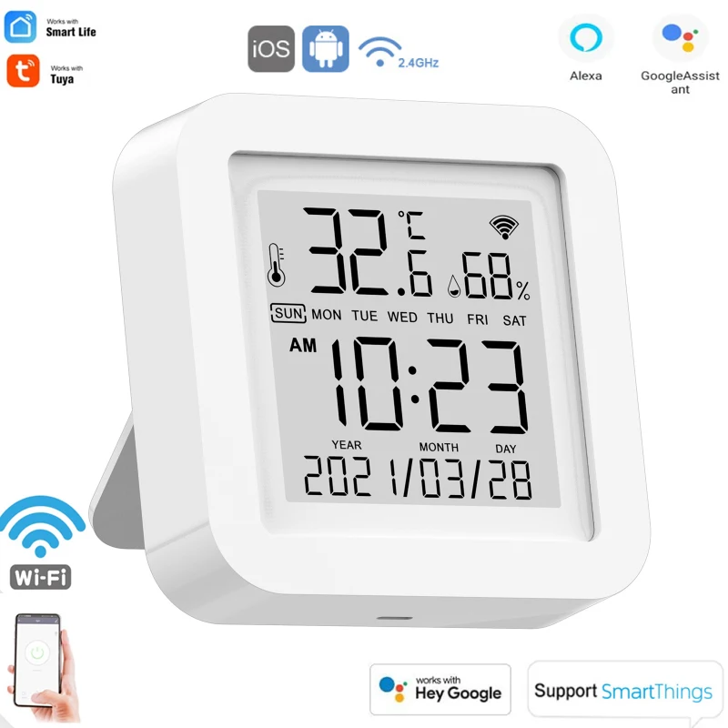 Датчик температуры и влажности Tuya Wi-Fi, комнатный гигрометр с ЖК-дисплеем, голосовым управлением и поддержкой Alexa и Google Assistant 
Датчик температуры и влажности Tuya Wi-Fi, комнатный гигрометр с ЖК-дисплеем, голосовым управлением и поддержкой Alexa и Google Assistant