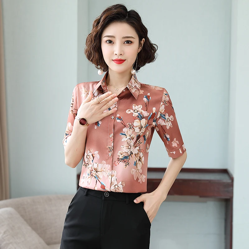 Женская атласная рубашка TingYiLi шелковая блузка с цветочным принтом и коротким