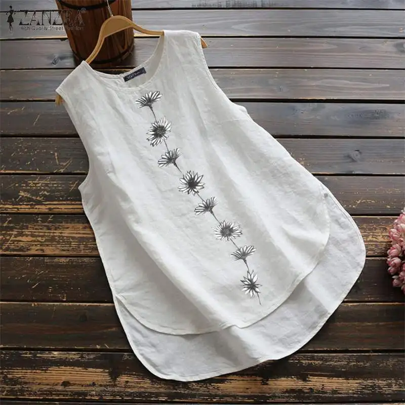 

Summer Tanks Tops Women Sleeveless Blouse ZANZEA Vintage Floral Printed Shirt Casual Cotton Linen Blusas Female Loose Vests Robe