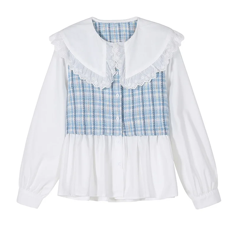 Spring Summer Chiffon Plaid Patchwork Shirts Temperament Ruffled Long Sleeve Peter Pan Collar Fresh Simple All Match Women Tops
Spring Summer Chiffon Plaid Patchwork Shirts Temperament Ruffled Long Sleeve Peter Pan Collar Fresh Simple All Match Women Tops