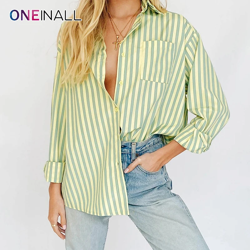 ONEINALL Blue Striped Shirts For Women Lapel Long Sleeve Single Breasted With One Pocket Straight Blouses Female 2021 Spring New 
ONEINALL Blue Striped Shirts For Women Lapel Long Sleeve Single Breasted With One Pocket Straight Blouses Female 2021 Spring New