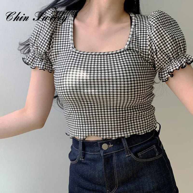 Ruffles Plaid Square Neck Cropped T-shirt Women Korean Sweet Short Sleeve Crop Tops Female 2021 Summer New Fashion Lady Tshirts
Ruffles Plaid Square Neck Cropped T-shirt Women Korean Sweet Short Sleeve Crop Tops Female 2021 Summer New Fashion Lady Tshirts