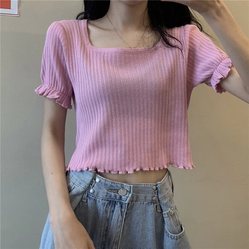 2021 Summer Square Collar Short Knitted Black Pullover Women Chic Sweet Ruffle Short Sleeve Knitwear Crop Tops
2021 Summer Square Collar Short Knitted Black Pullover Women Chic Sweet Ruffle Short Sleeve Knitwear Crop Tops