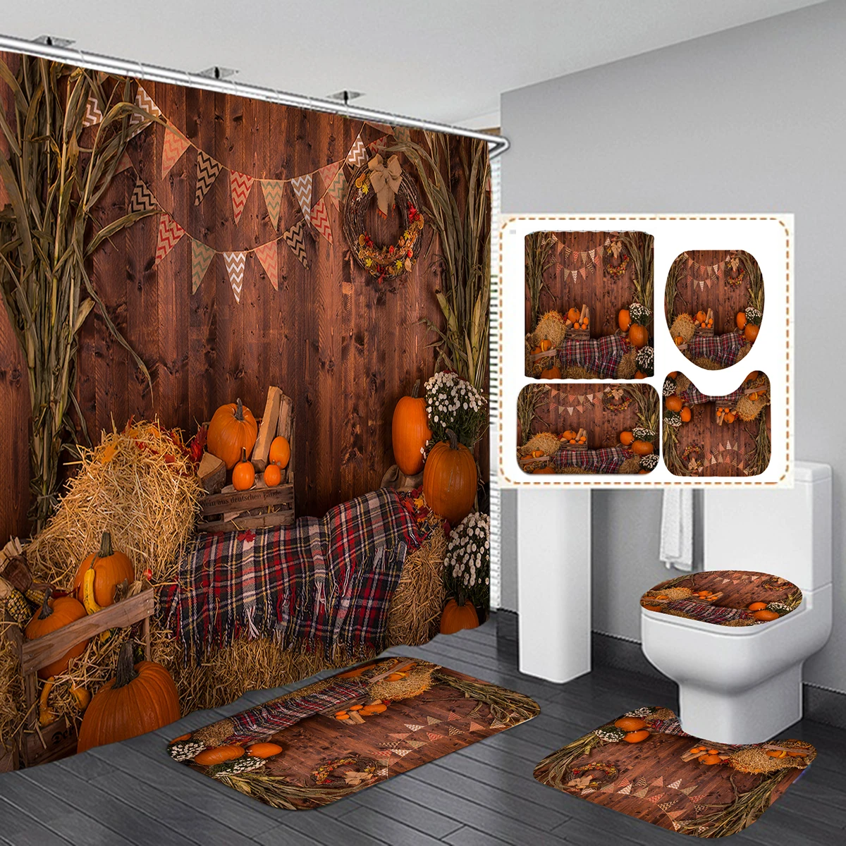 Autumn Rustic Banner Pumpkins Maple Leaves Shower Curtain Set Non-Slip Mat Thanksgiving Rugs Carpet Fall Bathroom Decoration
Autumn Rustic Banner Pumpkins Maple Leaves Shower Curtain Set Non-Slip Mat Thanksgiving Rugs Carpet Fall Bathroom Decoration