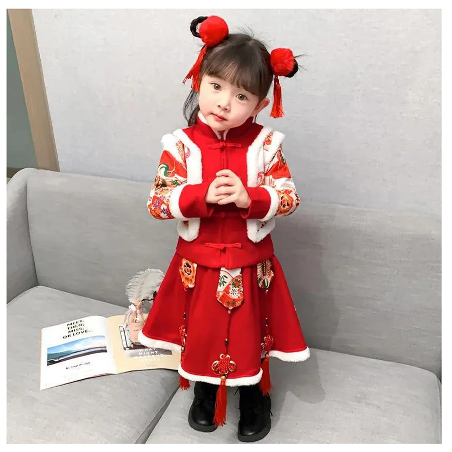 

Зимняя одежда в китайском традиционном стиле, детская одежда для девочек, новогодний вызов, новогоднее праздвечерние чное платье ханьфу, юб...