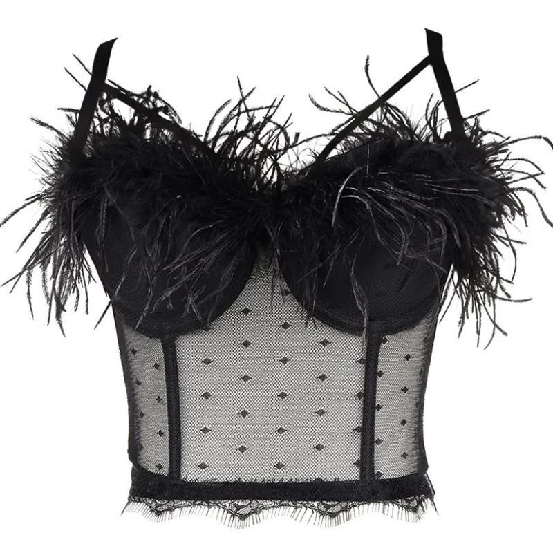 

Feathers Black Color Velvet Vest Push Up Bralet Bra With Breast Pad Crop Tops Camis Polka Dot Mesh See Through Corselets