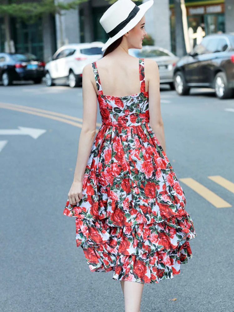 Pleated Cake dress women 2020 summer women's rose print sexy backless knee dress high quality 
Pleated Cake dress women 2020 summer women's rose print sexy backless knee dress high quality