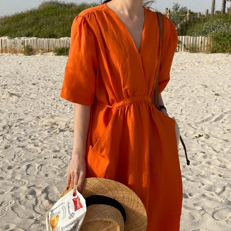 2022 Summer Women Holiday Dresses Solid Cotton V-neck Pockets Dress for Women Casual Loose Orange Dress French Vestido 15188
2022 Summer Women Holiday Dresses Solid Cotton V-neck Pockets Dress for Women Casual Loose Orange Dress French Vestido 15188